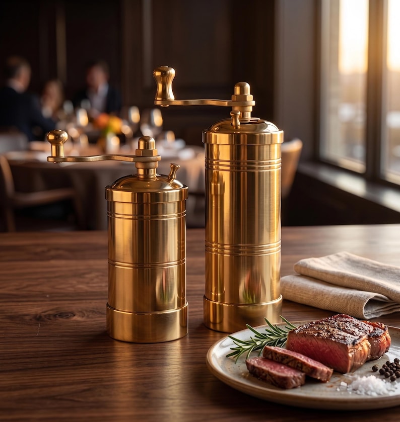 May include: Two cylindrical brass spice grinders with manual hand cranks on top. The grinders feature a polished metallic finish with horizontal grooved detailing. They stand upright on a wooden surface next to a plate containing sliced steak.