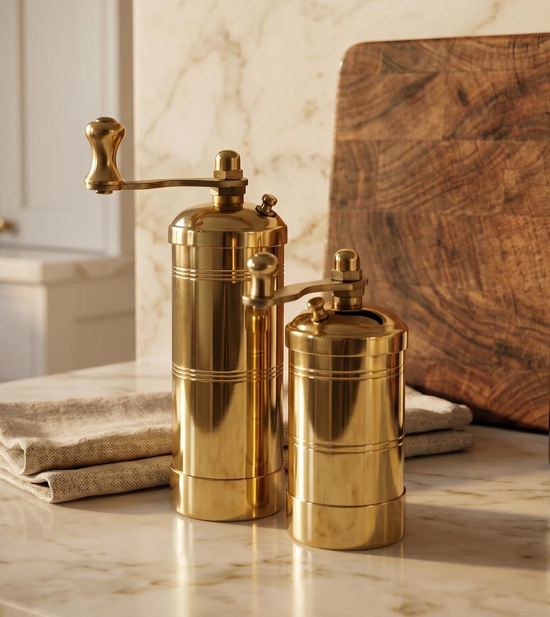 May include: Two cylindrical spice grinders made of polished gold-toned metal. Each grinder features a vertical body with horizontal grooved lines, a top-mounted manual crank handle with a rounded knob, and a small adjustment nut on the top lid.