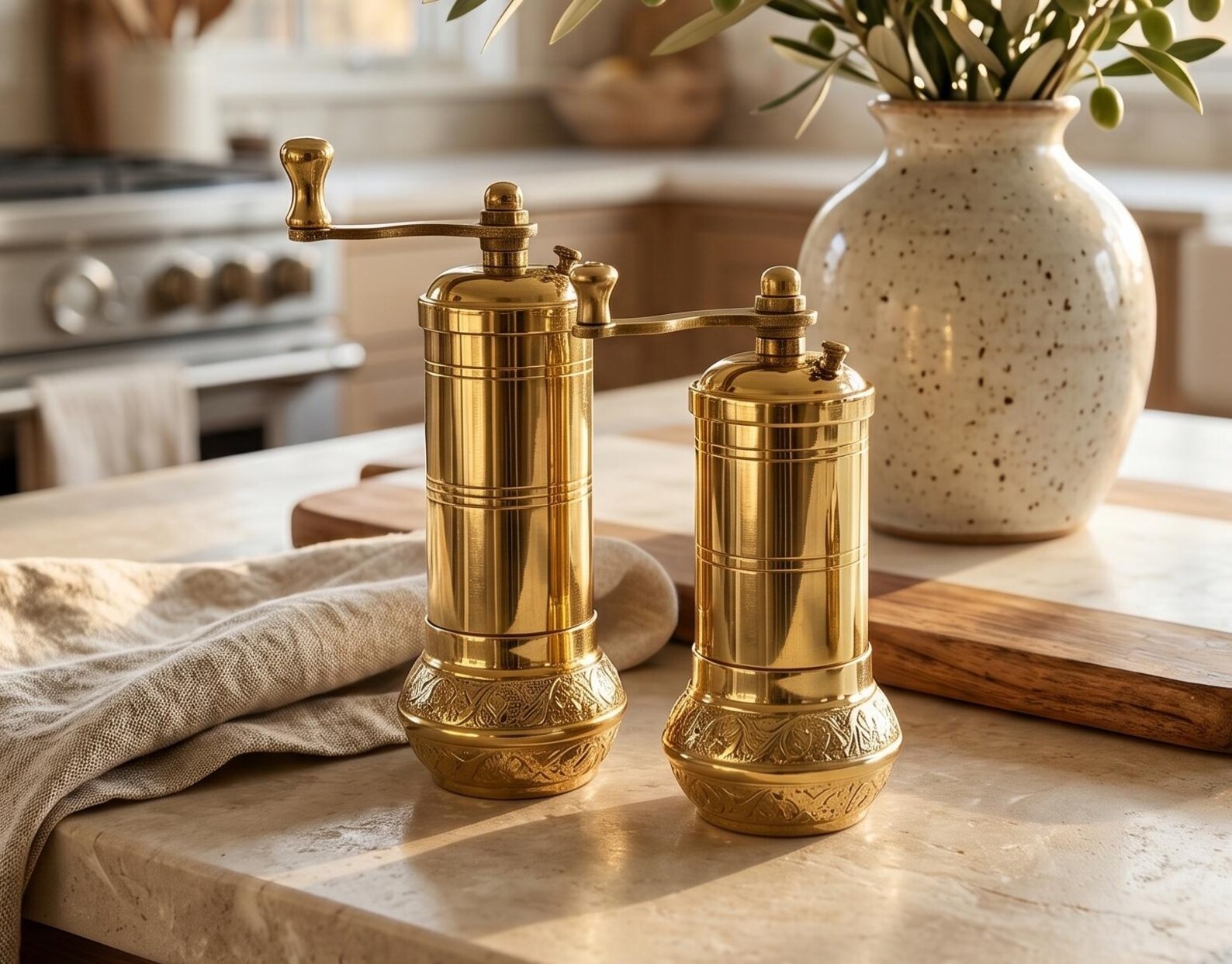 Antique Style Brass Pepper Mill – Handmade Turkish Spice Grinder - Set of 2