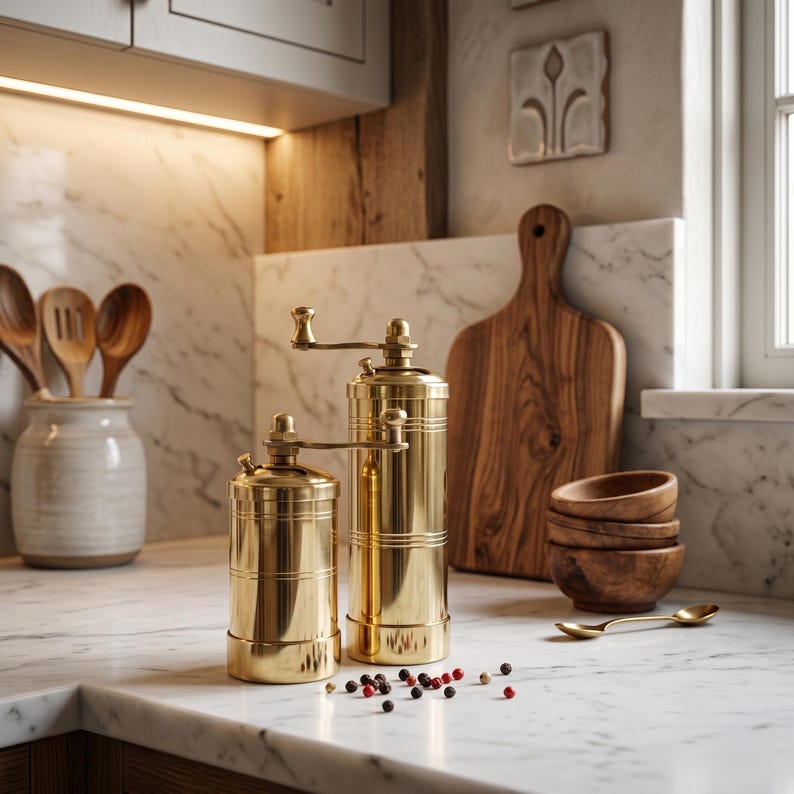 May include: Two brass pepper grinders of different sizes sit on a marble countertop, next to scattered peppercorns. A wooden cutting board, small wooden bowls, and a spoon are in the background. The kitchen setting has a warm, inviting ambiance.