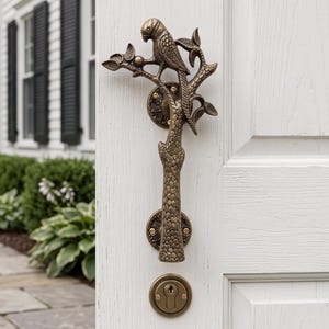 Puede incluir: Un tirador de puerta de metal color bronce con forma de rama de árbol y un loro posado en la parte superior. El tirador presenta detalles de corteza texturizada y está montado en una puerta blanca con dos placas circulares y una cerradura debajo.