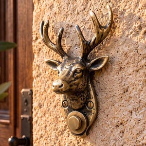 Deer Head Doorbell, Solid Brass Doorbell Button, Antique Deer Door Bell, Unlacquered Stag Door Bell, Deer Lover Gift, Woodland Cabin Decor