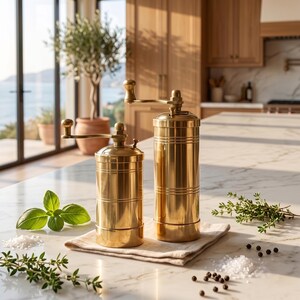 May include: Two cylindrical brass spice grinders with manual hand cranks on top. The grinders feature a polished metallic finish with horizontal grooved detailing. They are positioned on a light-colored fabric cloth alongside scattered herbs, salt, and peppercorns.