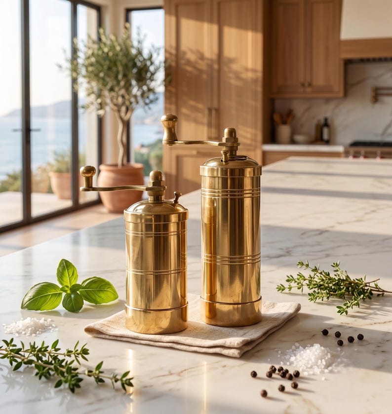 May include: Two cylindrical brass spice grinders with manual hand cranks on top. The grinders feature a polished metallic finish with horizontal grooved detailing. They are positioned on a light-colored fabric cloth alongside scattered herbs, salt, and peppercorns.