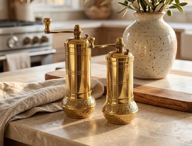 May include: Two cylindrical brass spice grinders with manual hand cranks at the top. Each grinder features a smooth upper body with horizontal etched lines and a wider, flared base decorated with an intricate, embossed floral pattern.