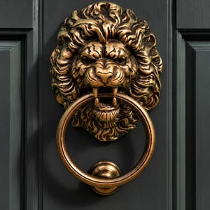 Brass Lion Door Knocker, Large Lion Head Knocker, Unlacquered Antique Bronze, Lion Lover Gift, Heavy Front Door Hardware, Housewarming Gift