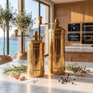 May include: Two cylindrical brass spice grinders with manual hand cranks on top. The grinders feature a polished metallic finish with horizontal grooved detailing. They are positioned on a white marble surface alongside sprigs of rosemary, thyme, garlic cloves, black peppercorns, and coarse sea salt.