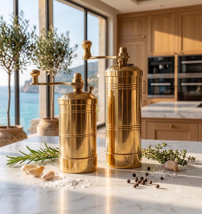 May include: Two cylindrical brass spice grinders with manual hand cranks on top. The grinders feature a polished metallic finish with horizontal grooved detailing. They are positioned on a white marble surface alongside sprigs of rosemary, thyme, garlic cloves, black peppercorns, and coarse sea salt.