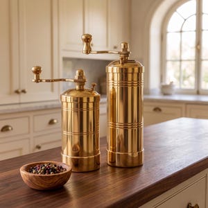 May include: Two cylindrical brass spice grinders with manual hand cranks positioned on top. The grinders feature a polished metallic finish with horizontal grooved detailing. A small wooden bowl filled with mixed peppercorns sits nearby.