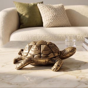 May include: A brass-toned metal turtle figurine featuring a hinged shell that opens to reveal a hollow interior. The turtle has a textured, scaly surface on its head and legs, with a geometric, layered pattern on its shell, finished in a muted metallic gold.