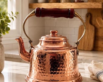 Handmade Copper Tea Kettle, Hammered Copper Teapot with Wooden Brass Handle, Stovetop Tea Kettle, Copper Kitchen Decor, 1.2L