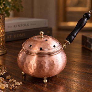 Incensário de cobre com cabo de madeira, incensário portátil para carvão e resina, decoração de altar Wicca, decoração de Halloween com temática bruxa, ferramenta ritualística