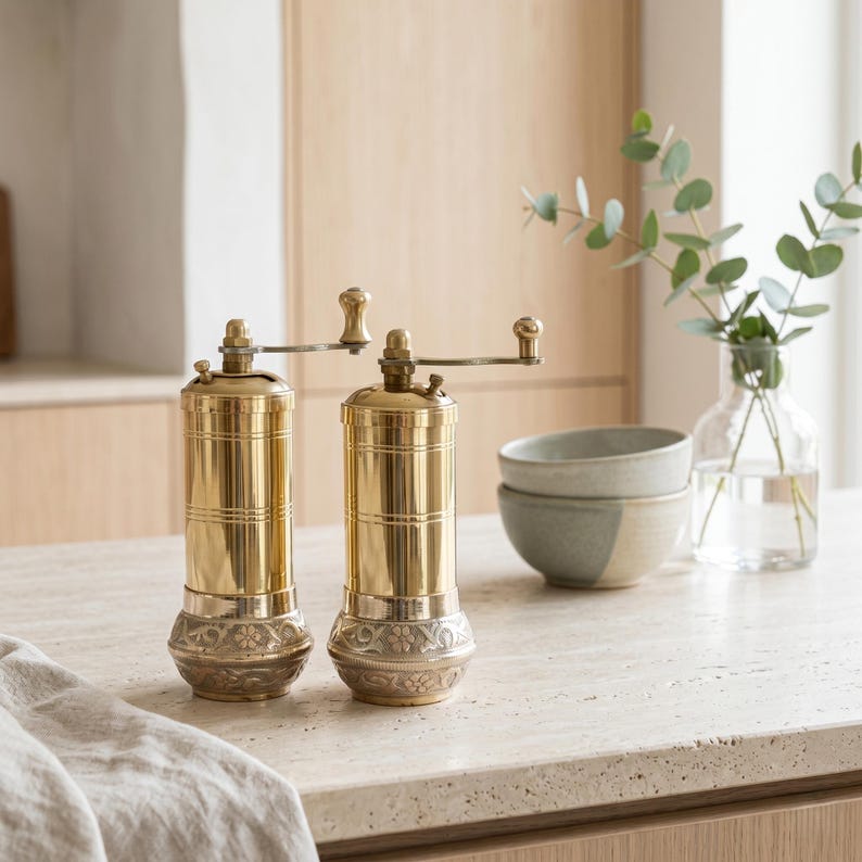 Handmade Brass Salt and Pepper Grinder Set, Turkish Pepper Mill, Coffee Grinder, Herb Grinder, Kitchen Decor Gift image 17