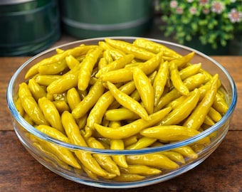 Pimentas amarelas orgânicas em conserva | Picles de pimenta | Condimento gourmet picante | Petisco fermentado natural