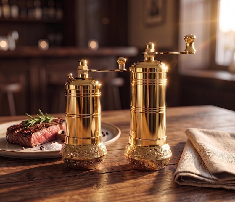 Handmade Brass Salt and Pepper Grinder Set, Turkish Pepper Mill, Coffee Grinder, Herb Grinder, Kitchen Decor Gift image 3