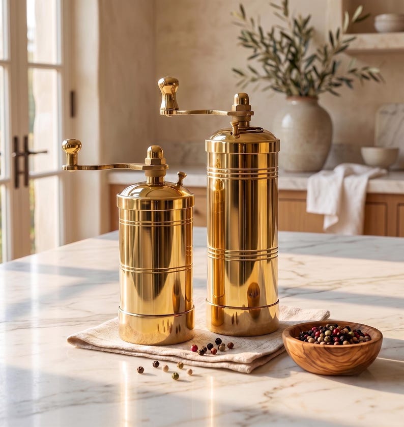 May include: Two cylindrical gold-toned metal spice grinders with manual hand cranks on top. The grinders feature horizontal grooved detailing along the body and a polished reflective finish. A small wooden bowl filled with peppercorns sits nearby.