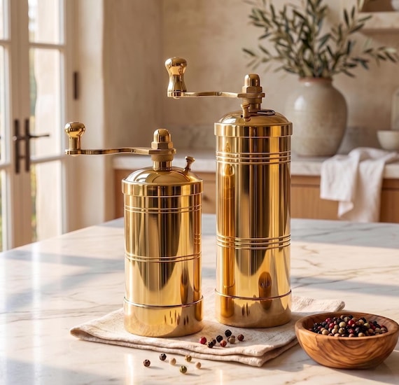 Handmade Brass Pepper Grinder Set, Turkish Salt and Pepper Mill, Traditional Spice Grinder, Antique Coffee Grinder, Kitchen Decor