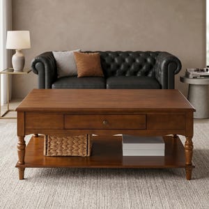 May include: A rectangular, dark brown wooden coffee table with a drawer and lower shelf. A woven basket and a white box sit on the lower shelf. The table has turned legs and a round drawer pull. A black leather sofa is in the background.