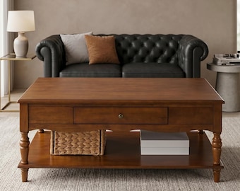 Solid Wood Coffee Table, Mid Century Modern Cherry Walnut, Storage Shelf Drawers