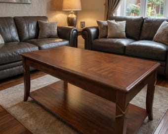 Solid Wood Coffee Table with Storage Shelf, Mid Century Modern Walnut Finish