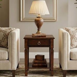 Solid Wood End Table, Cherry Walnut Nightstand with Drawer, Shelf, Brass Handle