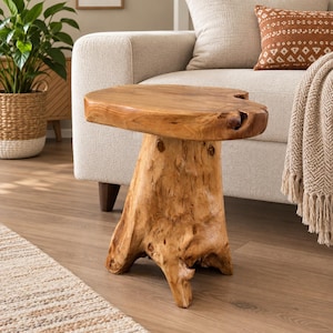 May include: A natural light brown wooden side table crafted from a single tree stump. The table features a smooth, flat, irregular-shaped top surface with visible wood grain and a sturdy, textured base that retains the organic shape of the trunk.