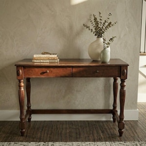 Vintage Solid Wood Writing Desk with Drawers, Cherry Walnut Victorian Secretary Table