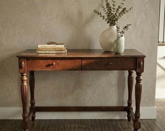 Vintage Solid Wood Writing Desk with Drawers, Cherry Walnut Victorian Secretary Table