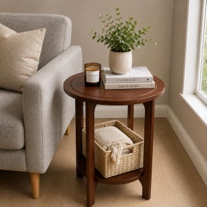 May include: A round dark wood side table with four legs and a lower shelf. On the tabletop sits a potted green plant in a ribbed white ceramic pot, a brown glass candle jar labeled Sandalwood, and two stacked books titled The Kinfolk and This Is Home.