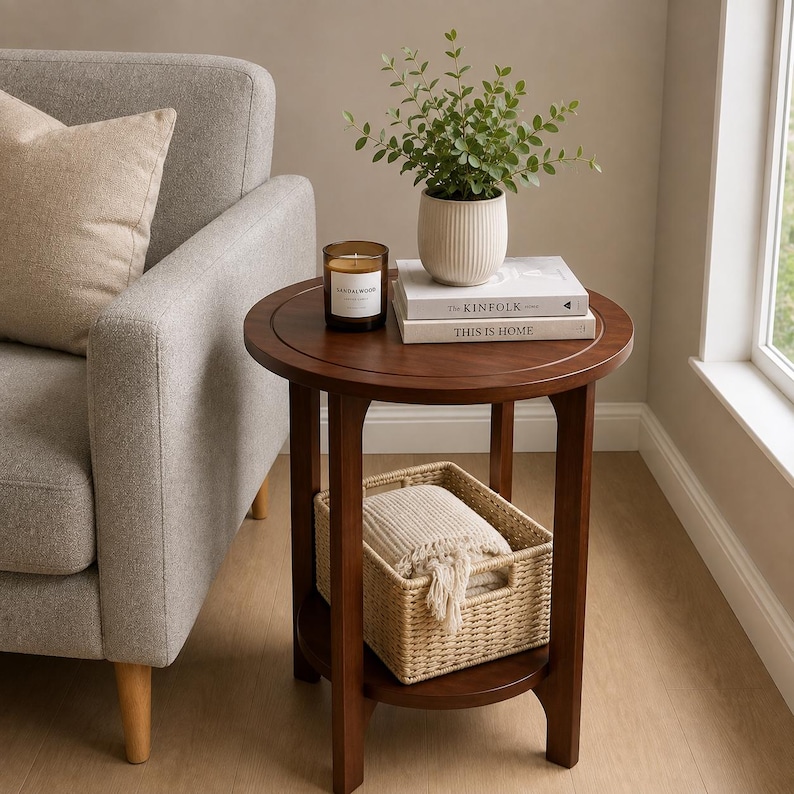 Peut inclure: Une table d'appoint ronde en bois fonc&eacute; avec quatre pieds et une &eacute;tag&egrave;re inf&eacute;rieure. Sur le plateau se trouvent une plante verte dans un pot en c&eacute;ramique blanche cannel&eacute;e, une bougie en verre brun &eacute;tiquet&eacute;e Sandalwood et deux livres empil&eacute;s.
