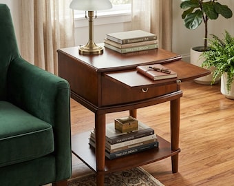 Solid Wood Side Table, Cherry Nightstand with Pull-Out Tray, Rustic End Table