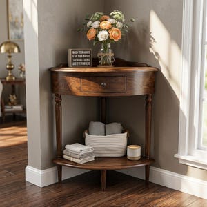 May include: A dark wood corner table with a drawer, holding a vase of flowers and a sign that reads "Wash Your Hands & Say Your Prayers". A basket with folded towels and a candle are on the lower shelf.