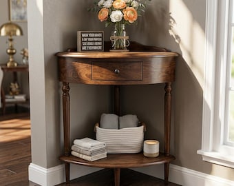 Solid Wood Corner Table with Drawer, Coastal Pecan Brown Entryway Accent Table