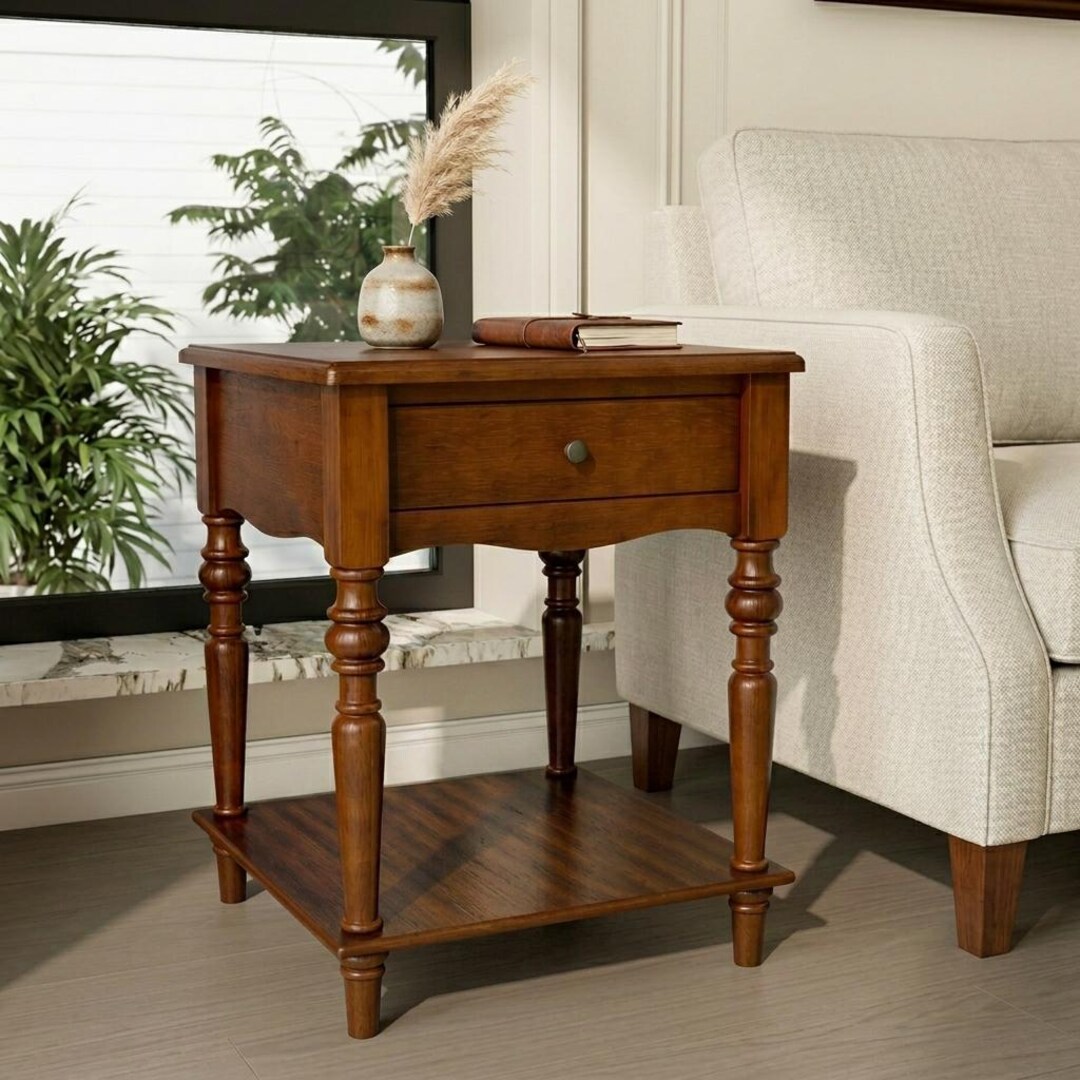Solid Wood End Table With Drawer, Antique Square Side Table, Cherry ...