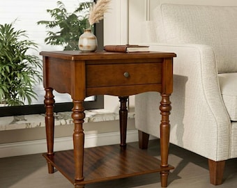 Solid Wood End Table with Drawer, Antique Square Side Table, Cherry Brown Finish