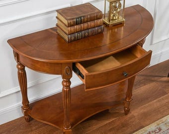 Solid Wood Demi Lune Console Table: Victorian Entryway Table with Drawer Shelf