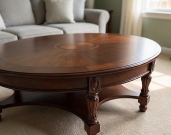 Oval Solid Wood Coffee Table with Drawer, Cherry Walnut Victorian Style Living Room Table