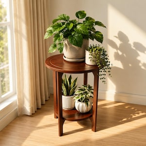 Peut inclure: Une table d'appoint ronde en bois avec trois pieds et une &eacute;tag&egrave;re inf&eacute;rieure. Le plateau supporte une grande plante verte dans un pot gris clair et une plante retombante dans un petit pot. L'&eacute;tag&egrave;re inf&eacute;rieure contient un pot blanc cannel&eacute; et un petit pot.