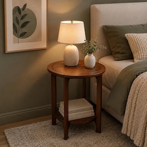 Peut inclure: Une table d'appoint ronde en bois avec une &eacute;tag&egrave;re inf&eacute;rieure supportant deux livres empil&eacute;s. Sur le plateau se trouvent une lampe de table en c&eacute;ramique blanche avec un abat-jour en tissu et un petit vase blanc c&ocirc;tel&eacute; contenant un brin de plante verte.