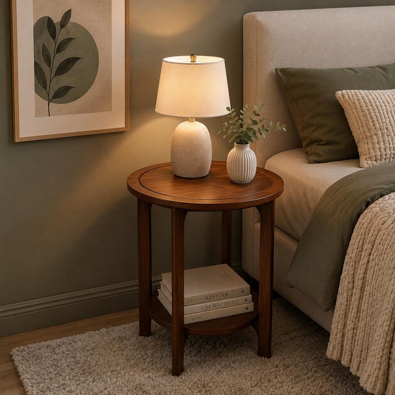Peut inclure: Une table d'appoint ronde en bois avec une &eacute;tag&egrave;re inf&eacute;rieure supportant deux livres empil&eacute;s. Sur le plateau se trouvent une lampe de table en c&eacute;ramique blanche avec un abat-jour en tissu et un petit vase blanc c&ocirc;tel&eacute; contenant un brin de plante verte.