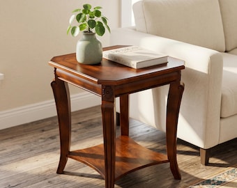 Table de bout en bois massif, table de chevet carrée en cerisier à 2 niveaux, table d'appoint Mid-Century Queen Anne