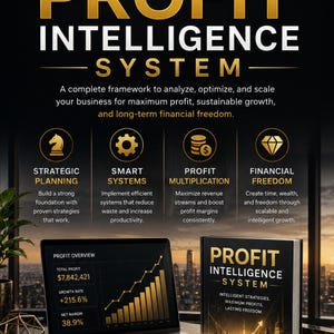 Peut inclure: Un graphique promotionnel noir et or intitulé Profit Intelligence System. Il présente un ordinateur portable affichant un graphique de croissance des profits, un livre du même titre, une tasse noire avec une flèche dorée et un carnet avec un stylo.