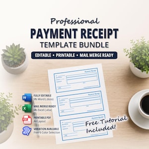 Pode incluir: Um pacote de modelos de recibos de pagamento profissionais com o texto "Professional PAYMENT RECEIPT TEMPLATE BUNDLE". Inclui opções editáveis, imprimíveis e prontas para mala direta. A imagem também mostra uma xícara de café e pequenas plantas em vasos.