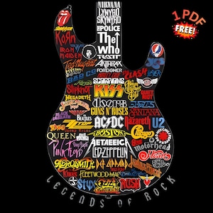 Puede incluir: Un gráfico negro con la silueta de una guitarra llena de logotipos de bandas de rock como AC/DC, The Beatles y Led Zeppelin. El texto "LEGENDS OF ROCK" está en la parte inferior, con un gráfico "1 PDF FREE!" en la parte superior derecha.