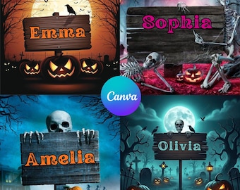 Halloween namnskylt JPG | Personlig namntavla | Läskig pumpaskylt | Redigerbar Halloween JPG | Anpassat namn Halloween | Direkt nedladdning