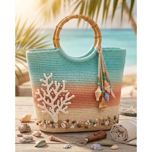 May include: A crocheted beach tote bag with a bamboo handle. The bag features a gradient of blue, orange, and beige, with a white coral design. The base is adorned with seashells and small stones. A tassel with shells and beads hangs from the handle.