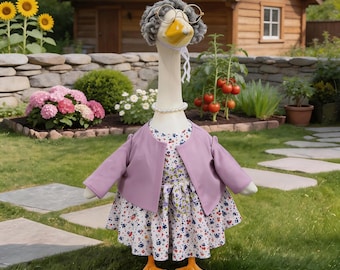 Granny Style Blue Floral Dress Outfit for 23" Porch Goose | Whimsical Grandma Costume with Accessories