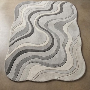 Irregular Wavy Rug, Hand-Tufted Grey Cream Abstract Carpet, 3D Textured Living Room Decor
