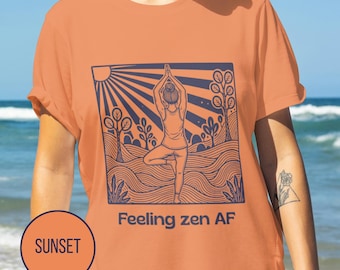 Zen AF Funny Yoga T-Shirt | Sarcastic Gift for Yogis | Mindfulness and Meditation Tee | Block Print Style Tree Pose Shirt