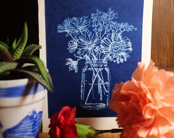 Set of 4 Cyanotype Cards & Envelopes - flowers in mason jar